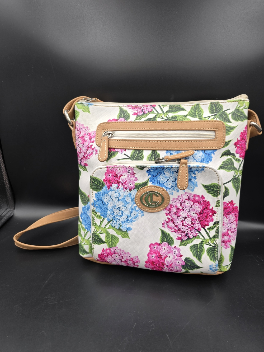 Hydrangea Print Crossbody Bag with Tan Trim